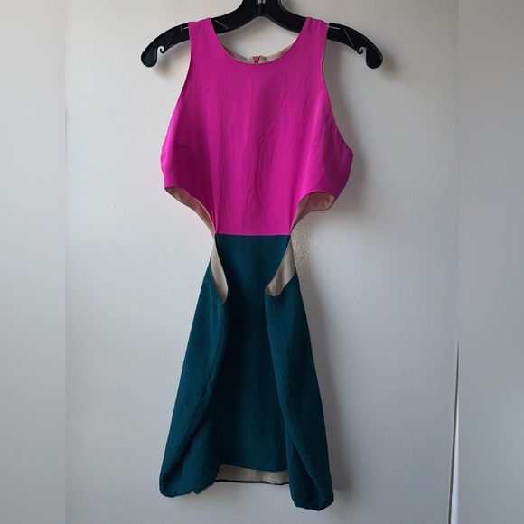 Naven Hot Pink and Teal Side Cutout High Neck Silk Mini Dress - Picture 2 of 7